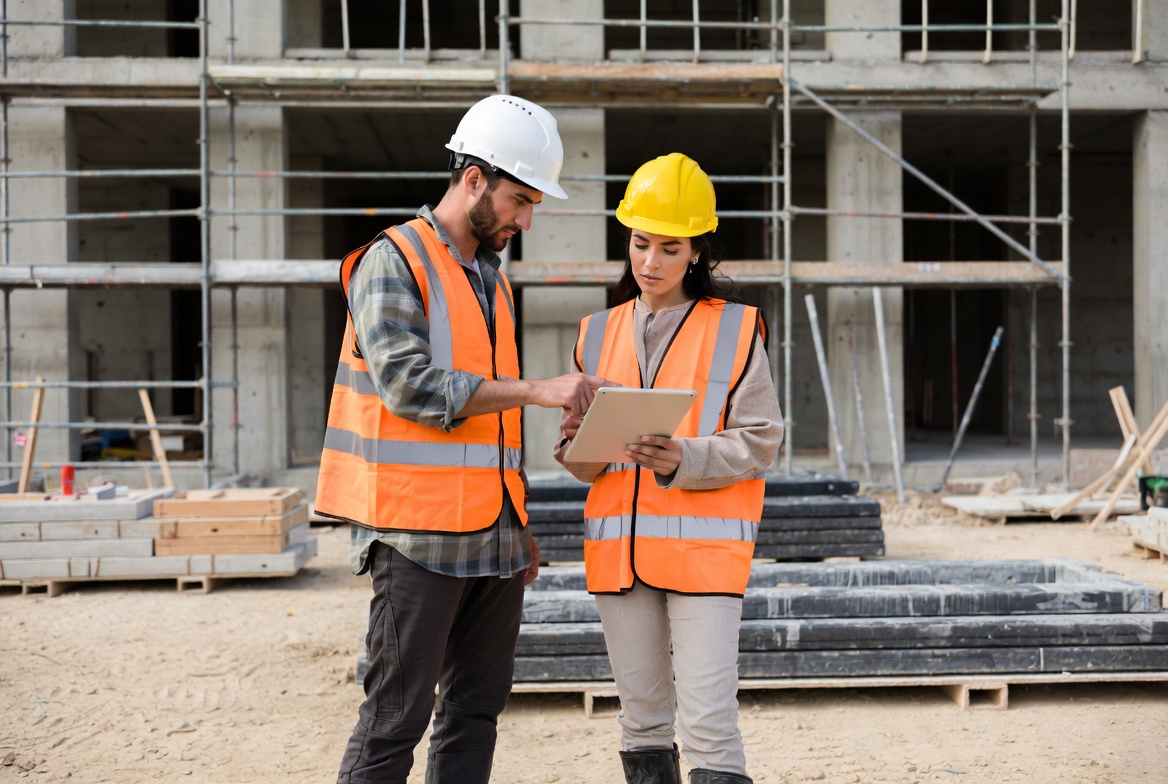 Construction team planning work on site with a tablet